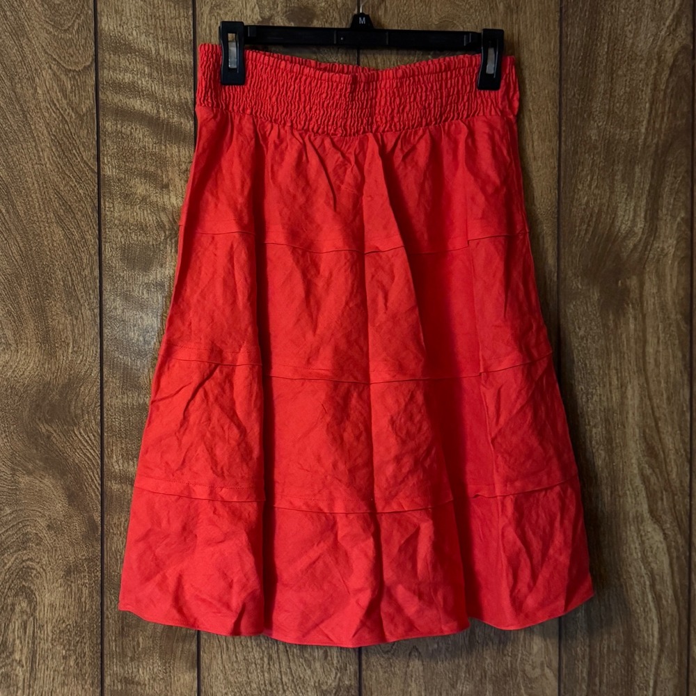 Soft Surroundings Orange 100% Linen Tiered Smocked Waist Midi Skirt Small 2FW93
